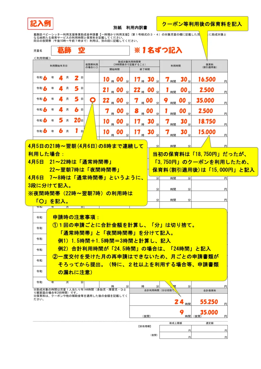 葛飾区の利用内訳表