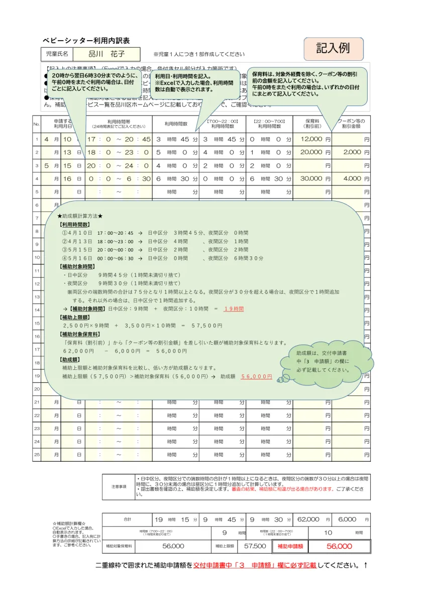 品川区の利用内訳表